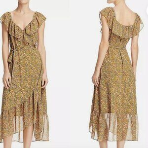 Rebecca Minkoff Yellow Floral Ruffle Wrap Midi Dress